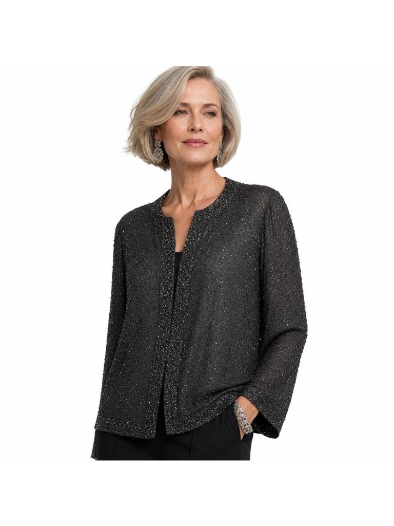 Laurence Kazar Vtg Fully Beaded 100% Silk Black Cardigan Evening Jacket L Formal